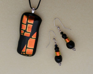 Black obsidian and dichroic glass dangle earrings - custom design (made to match this glass pendant)