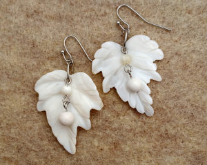 White shell dangle earrings with mother of pearl and beach white quartzite