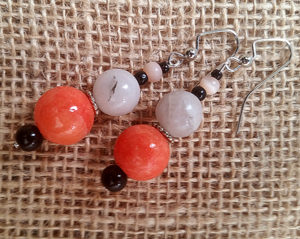 Malaysia jade, red orange quartzite, cat eye glass, and black obsidian dangle earrings - custom design by Motley Mix