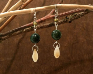 Eclectic yet modern dangle earrings, custom design. Mossy agate, vintage glass, and faceted teardrop glass beads.
