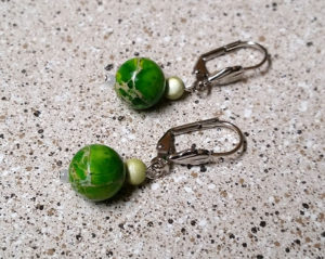 Classic dangle earrings - green imperial jasper and fuchsia vintage glass - custom design by Motley Mix