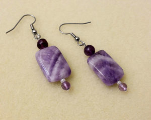 Dangle earrings with three different kinds of natural amethyst