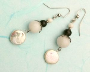 Fresh water pearl, Malaysian jade, and mother of pearl shell dangle earrings