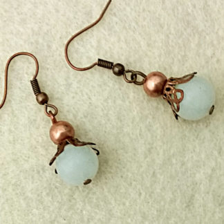 Lightweight dangle earrings with natural pale blue amazonite stones and antiqued copper beads, bead caps, and hooks ~ designed by Motley Mix Jewelry