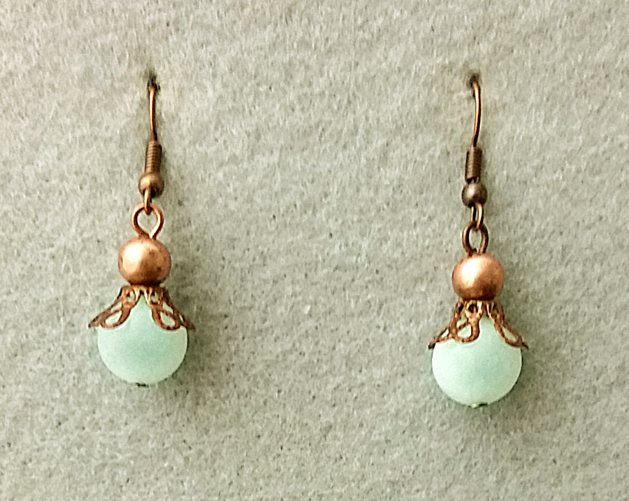 Lightweight dangle earrings with natural pale blue amazonite stones and antiqued copper beads, bead caps, and hooks ~ designed by Motley Mix Jewelry