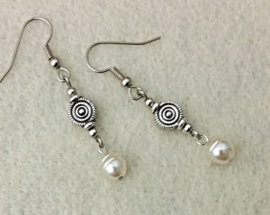 Tall drop earrings with white fresh water pearls and hypoallergenic stainless steel hooks