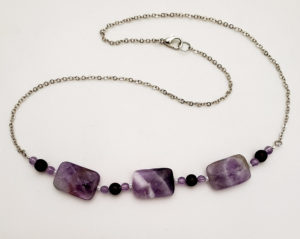 Custom necklace with three different kinds of amethyst and stainless steel cable chain