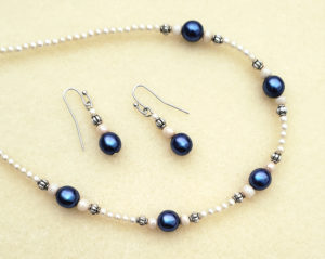 Navy blue and light beige glass pearls with silver-plated pewter beads - custom jewelry set.