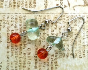 Beach earrings with green and orange glass ~ designed by Motley Mix Jewelry