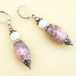 Fire agate statement earrings with white shell and vintage fresh water pearls