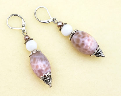 Fire agate statement earrings with white shell and vintage fresh water pearls