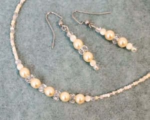 Maid of honor earrings and necklace with vintage glass pearls, mother of pearl shell, and sparkling clear glass