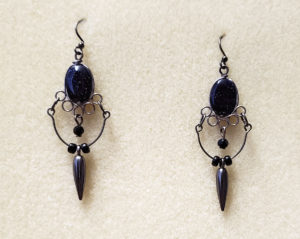 Elegant tall earrings with blue goldstones and gun metal - designed by Motley Mix Jewelry