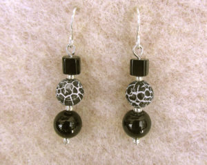 Black crackle agate, jasper and glass dangle earrings