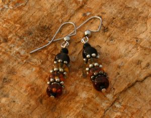 Natural smokey quartz and amber glass dangle earrings - fun, warm, casual