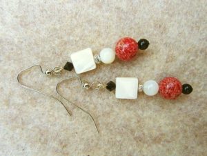 Mother of pearl shell, black glass, and red imperial jasper earrings