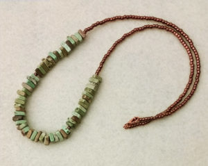 22" necklace with green magnesite, copper colored glass, copper wire and clasp ~ Motley Mix Jewelry