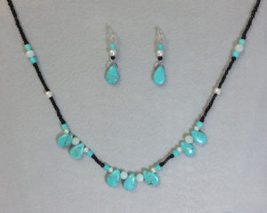 Custom jewelry set - Turquoise dyed Howlite, Amasonite, Black Jasper, and vintage glass pearls