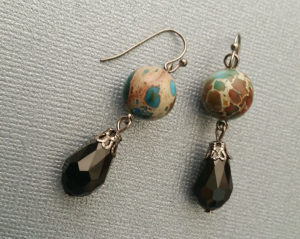 2392 Imperial jasper, black glass faceted teardrops, gunmetal hooks